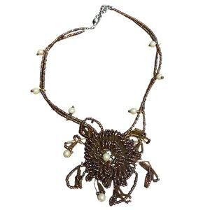 Vintage Brown Beaded Flower Necklace